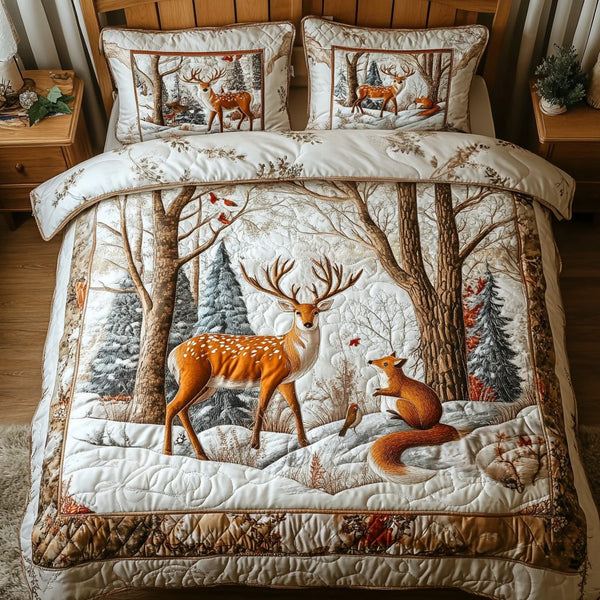Deer Harmony quilted 3-piece bedding set on a made bed with two matching pillow shams