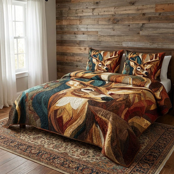 Deer Haven quilted 3-piece bedding set on a made bed with two matching pillow shams
