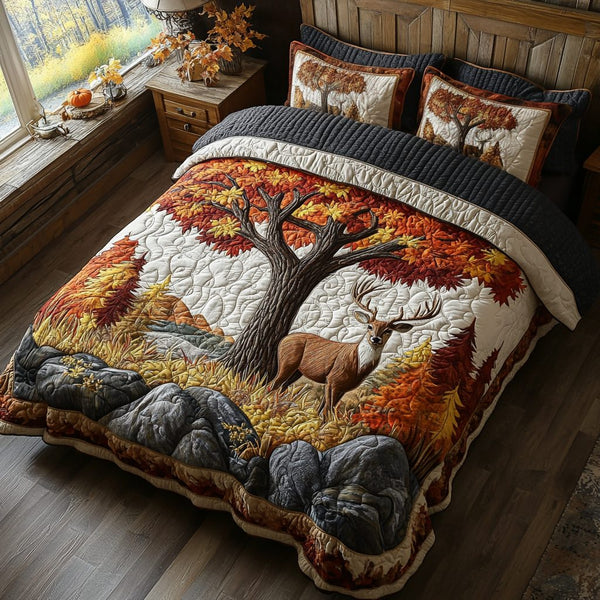 Deer Haven quilted 3-piece bedding set on a made bed with two matching pillow shams