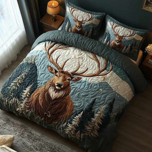 Deer Haven quilted 3-piece bedding set on a made bed with two matching pillow shams
