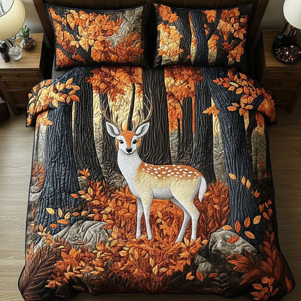 Deer Haven quilted 3-piece bedding set on a made bed with two matching pillow shams
