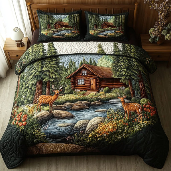 Deer Haven quilted 3-piece bedding set on a made bed with two matching pillow shams
