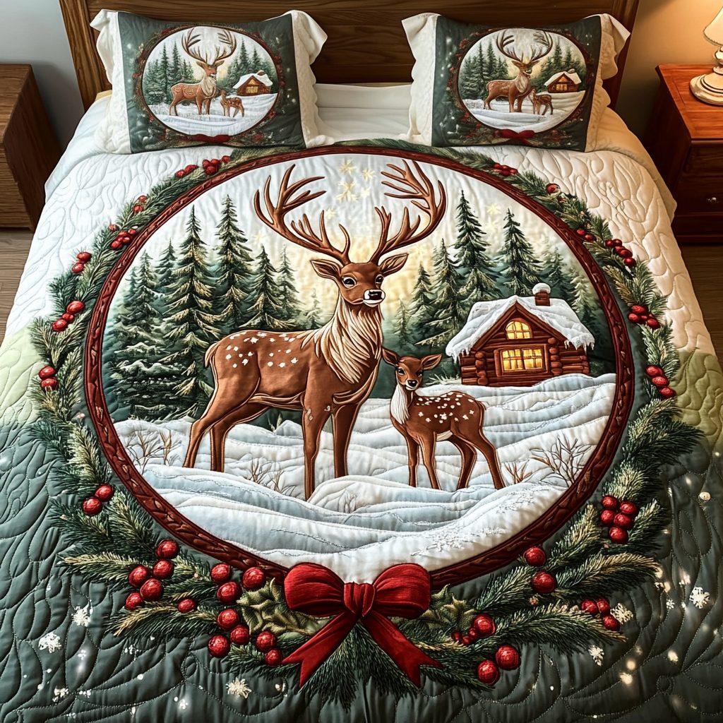 Deer In Cheer quilted 3-piece bedding set on a made bed with two matching pillow shams