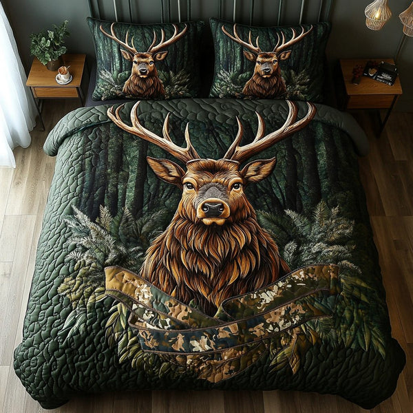 Deer Journey quilted 3-piece bedding set on a made bed with two matching pillow shams