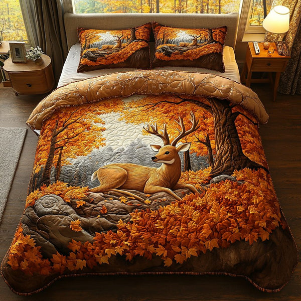Deer Light quilted 3-piece bedding set on a made bed with two matching pillow shams