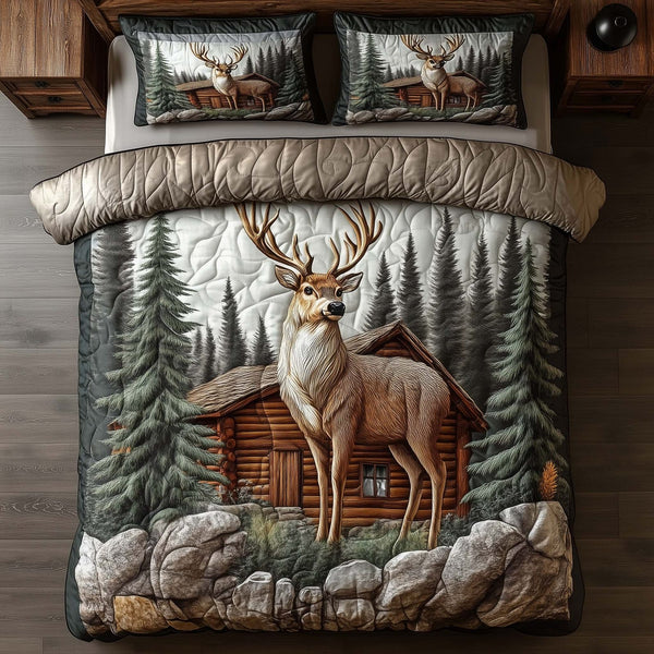 Deer Serenity quilted 3-piece bedding set on a made bed with two matching pillow shams
