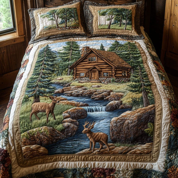 Deer Stream quilted 3-piece bedding set on a made bed with two matching pillow shams