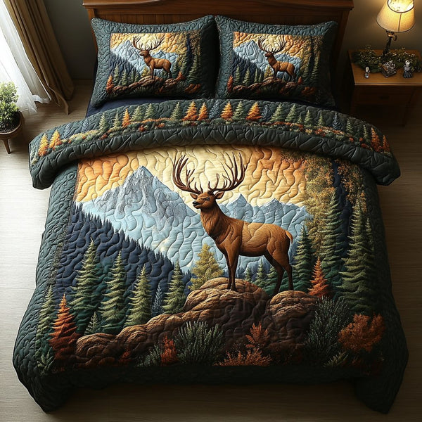 Deer Tracks quilted 3-piece bedding set on a made bed with two matching pillow shams