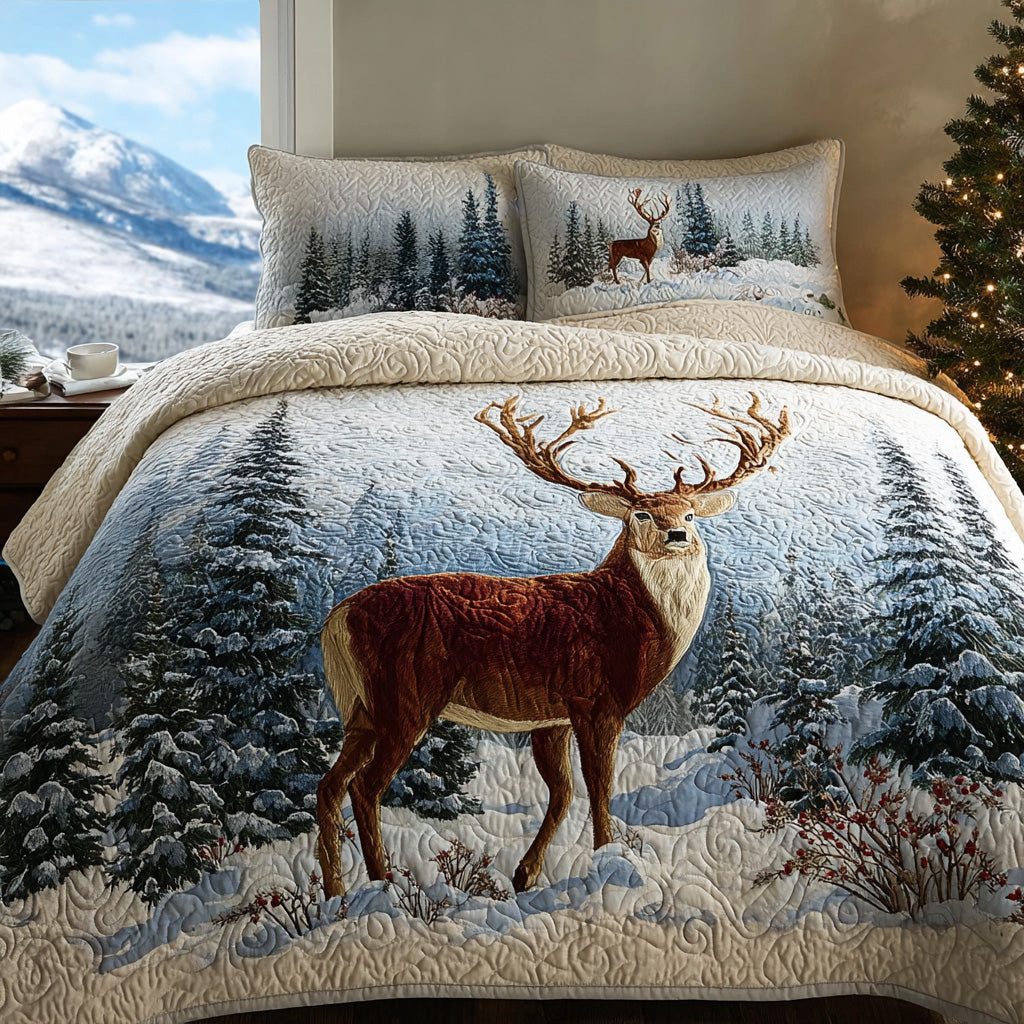 Deer Winter Charm quilted 3-piece bedding set on a made bed in a winter-styled bedroom
