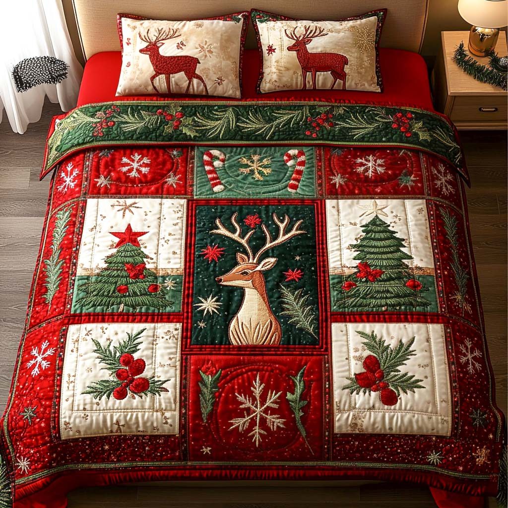 Deer Wonderland quilted 3-piece bedding set on a made bed with two matching pillow shams