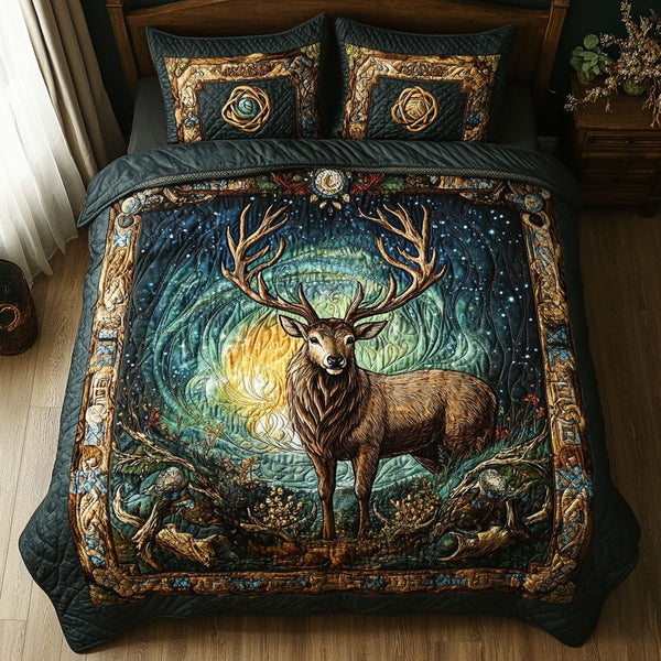Deerwood Elegance quilted 3-piece bedding set on a made bed with two matching pillow shams