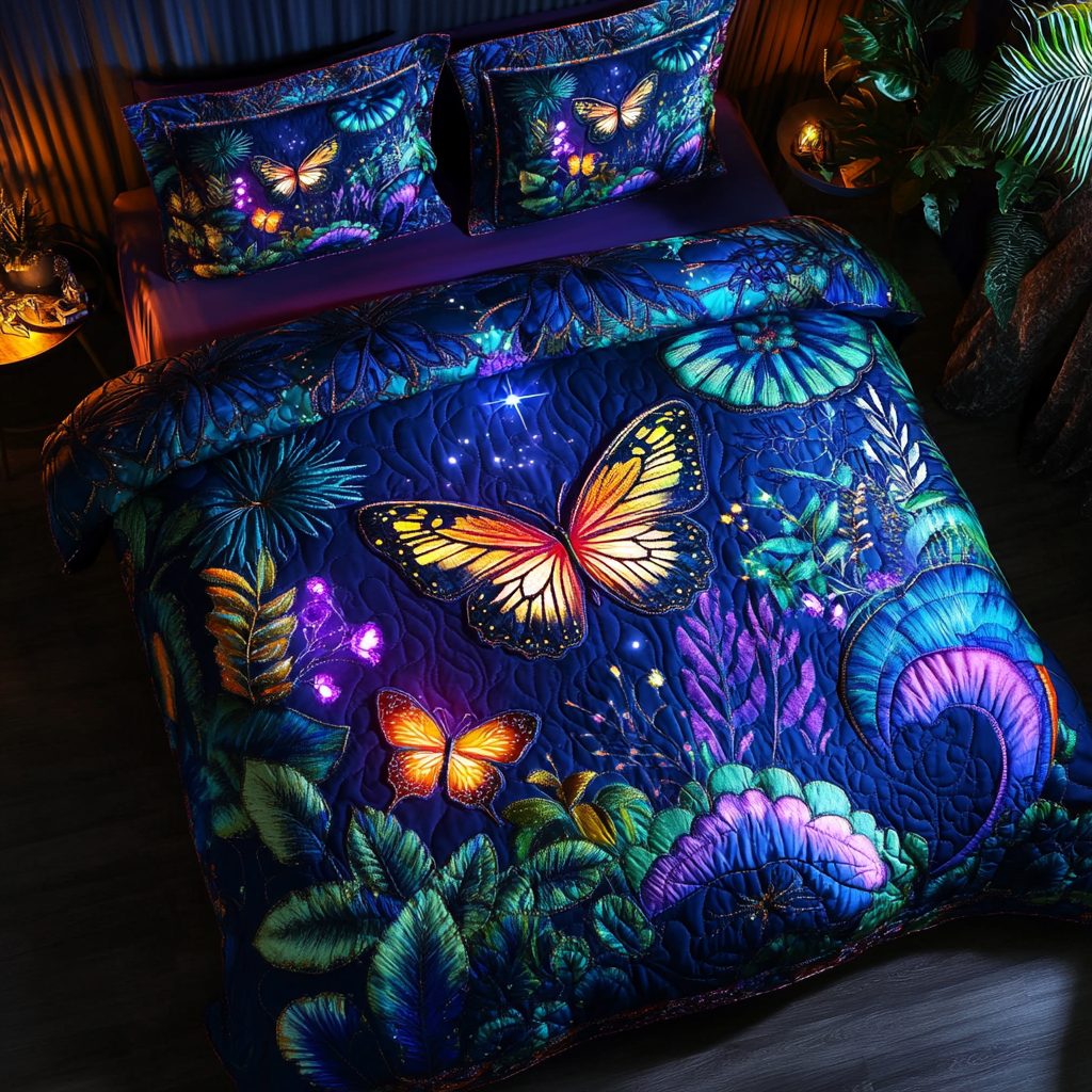 Delicate Flight quilted 3-piece bedding set on a made bed with two matching pillow shams