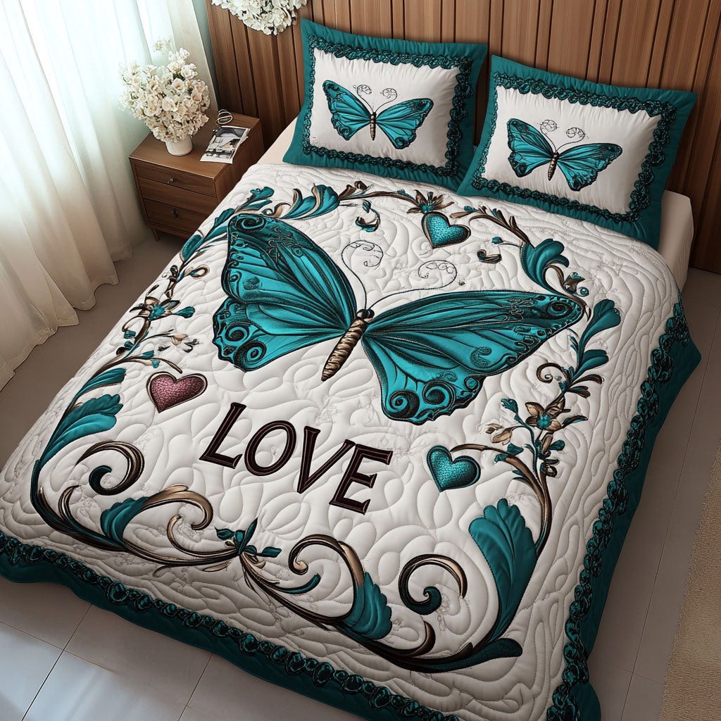 Delicate Love quilted 3-piece bedding set on a made bed with two matching pillow shams