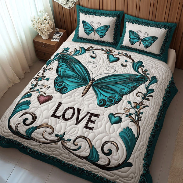 Delicate Love quilted 3-piece bedding set on a made bed with two matching pillow shams