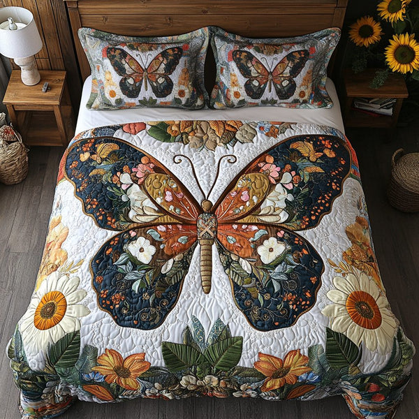 Delightful Butterflies quilted 3-piece bedding set on a made bed with two matching pillow shams