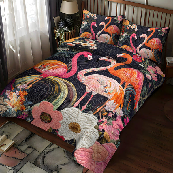 Delightful Cheerful Flamingo quilted 3-piece bedding set on a made bed with two matching pillow shams