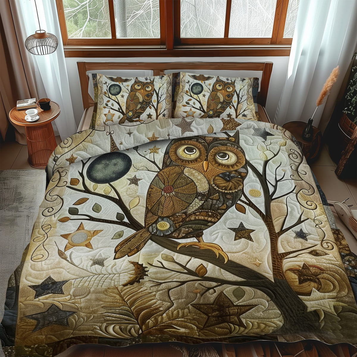 Delightful Owl quilted 3-piece bedding set on a made bed with two matching pillow shams