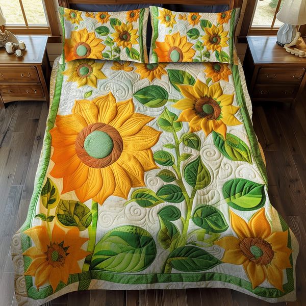 Delightful Sunflowers quilted 3-piece bedding set on a made bed with two matching pillow shams