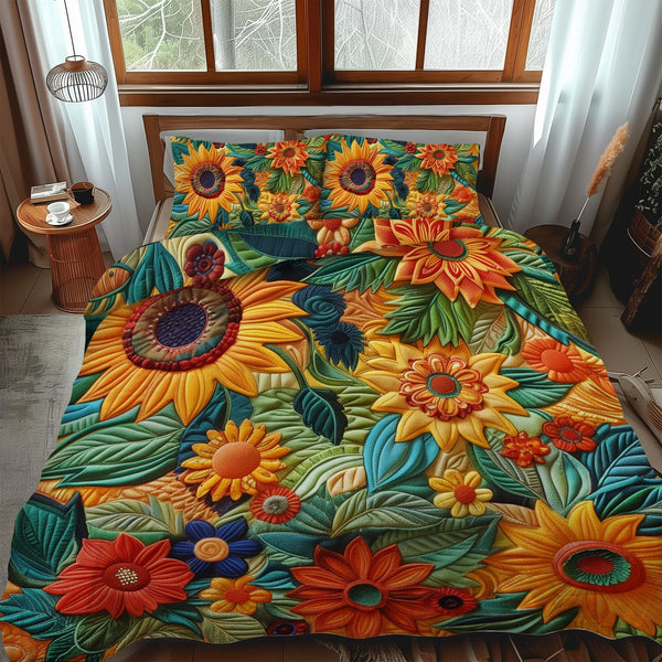 Delightful Sunflowers quilted 3-piece bedding set on a made bed with two matching pillow shams