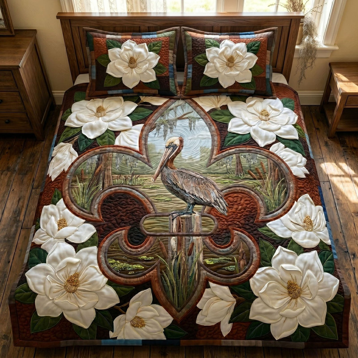 Delta Charm quilted 3-piece bedding set on a made bed with two matching pillow shams