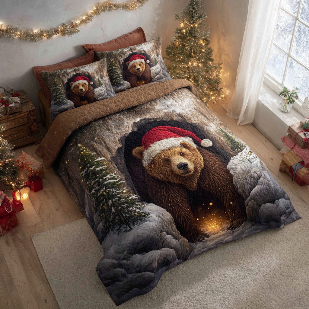 Den Bear Nap quilted 3-piece bedding set on a made bed with two matching pillow shams