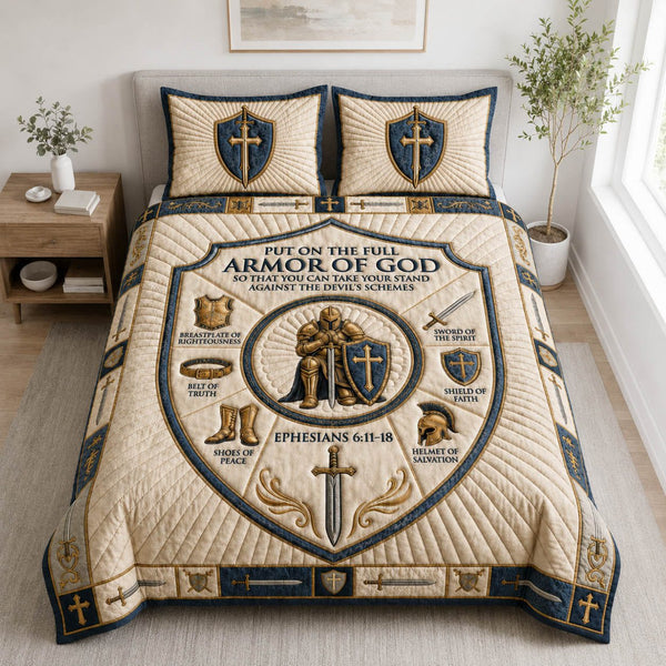 Denim Faith Armor Of God quilted 3-piece bedding set on a made bed in a softly lit bedroom