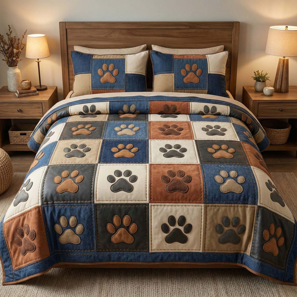 Denim Paws quilted 3-piece bedding set on a made bed with two matching pillow shams