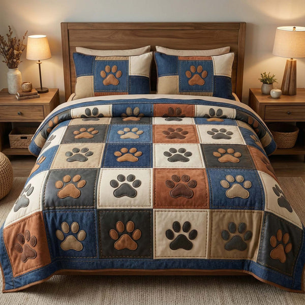 Denim Paws quilted 3-piece bedding set on a made bed with two matching pillow shams