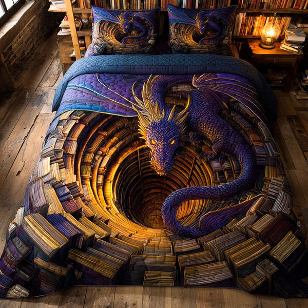 Depthfire Wyrm quilted 3-piece bedding set on a made bed with two matching pillow shams
