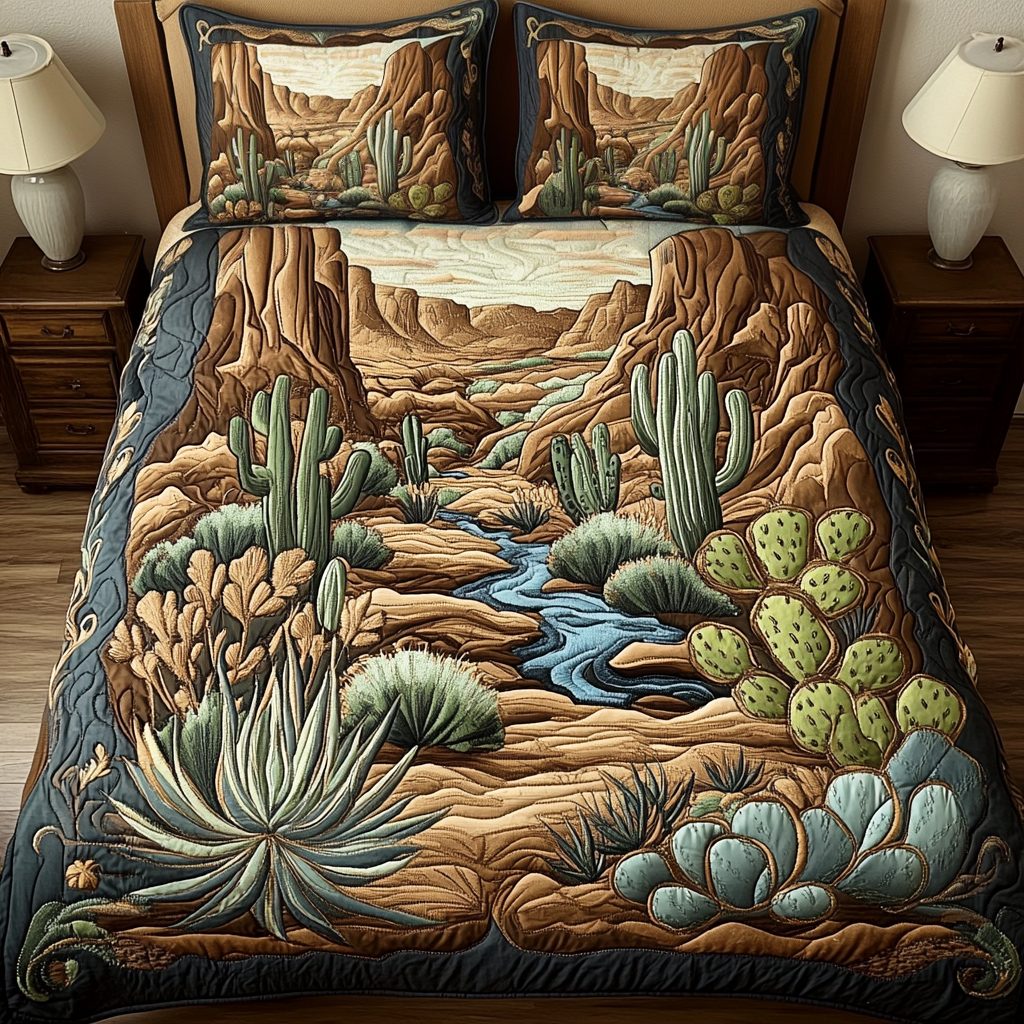 Desert Bliss quilted 3-piece bedding set on a made bed with two matching pillow shams