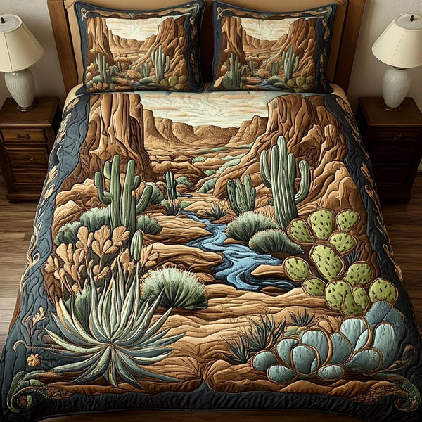 Desert Bliss quilted 3-piece bedding set on a made bed with two matching pillow shams