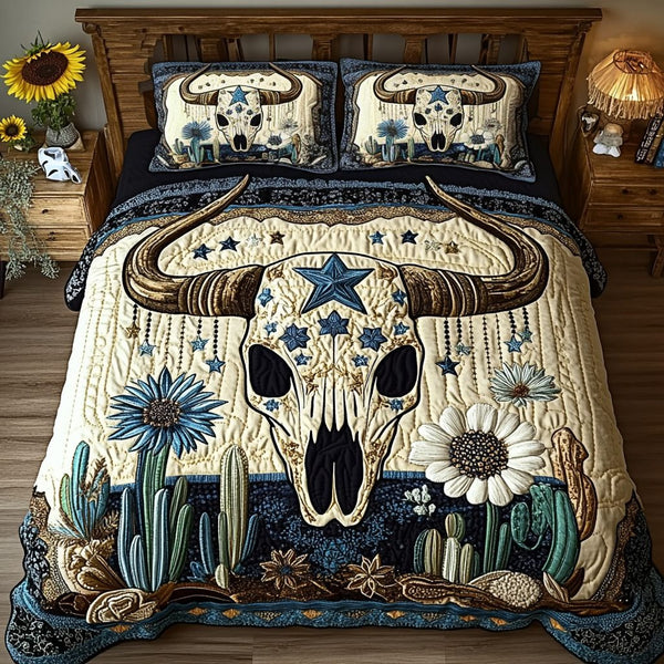Desert Bliss quilted 3-piece bedding set on a made bed with two matching pillow shams