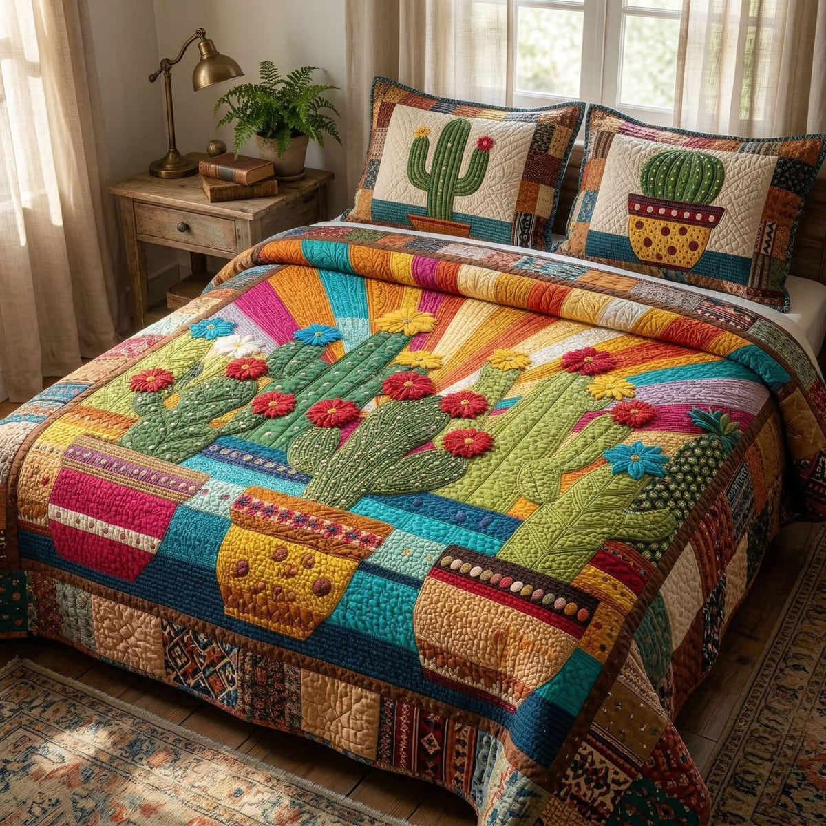 Desert Bloom Cactus quilted 3-piece bedding set on a made bed with two matching pillow shams