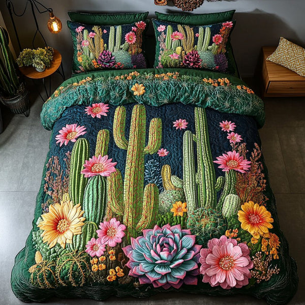 Desert Bloom Harmony quilted 3-piece bedding set on a made bed with two matching pillow shams