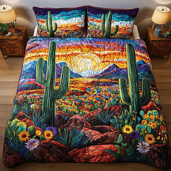 Desert Bloom Horizon quilted 3-piece bedding set on a made bed with two matching pillow shams