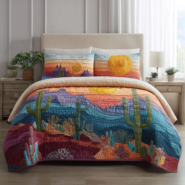 Desert Bloom quilted 3-piece bedding set on a made bed with two matching pillow shams
