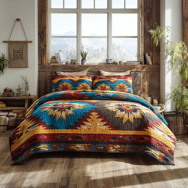 Desert Bloom quilted 3-piece bedding set on a made bed with two matching pillow shams