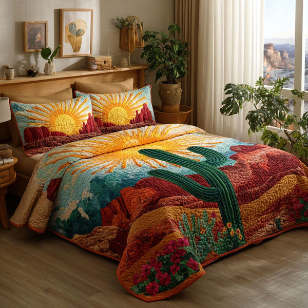 Desert Bloom quilted 3-piece bedding set on a made bed with two matching pillow shams