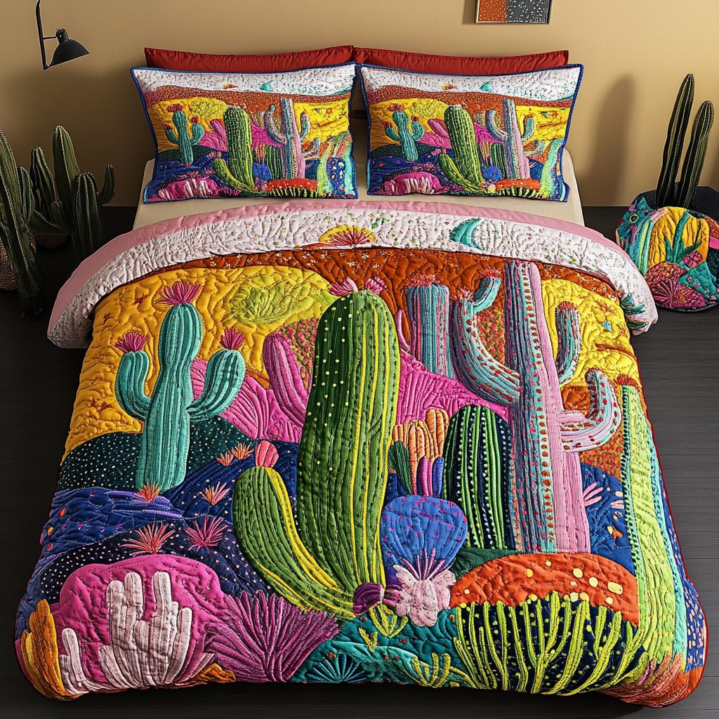 Desert Bloom quilted 3-piece bedding set on a made bed with two matching pillow shams
