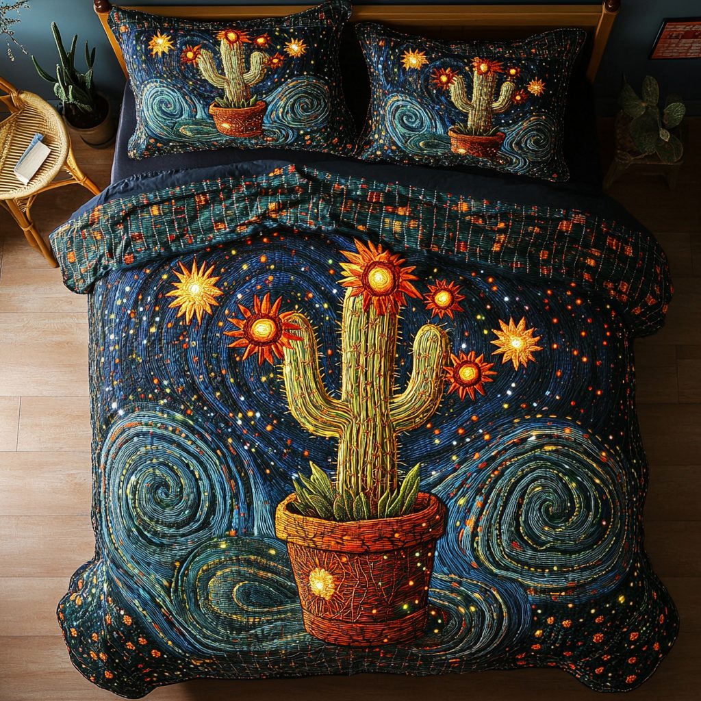 Desert Bloom quilted 3-piece bedding set on a made bed with two matching pillow shams