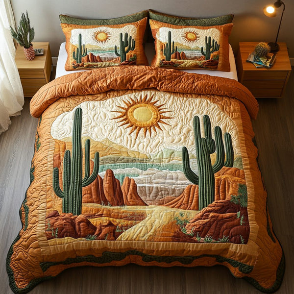 Desert Bloom quilted 3-piece bedding set on a made bed with two matching pillow shams