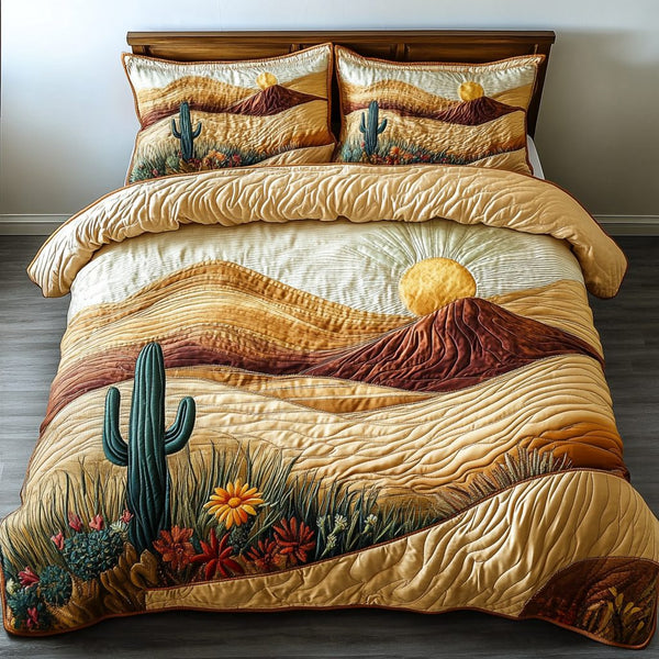 Desert Bloom quilted 3-piece bedding set on a made bed with two matching pillow shams