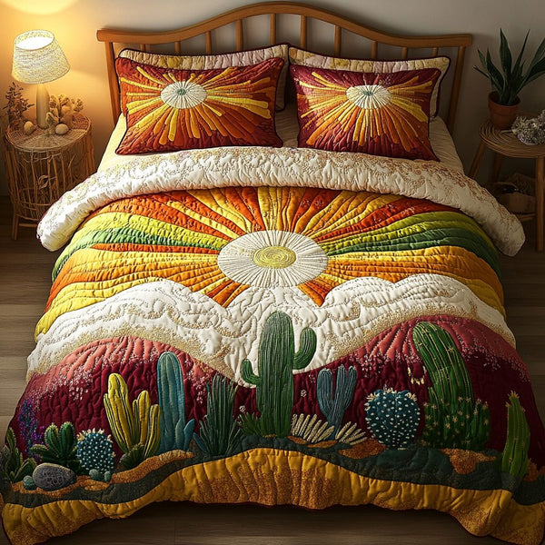 Desert Bloom quilted 3-piece bedding set on a made bed with two matching pillow shams