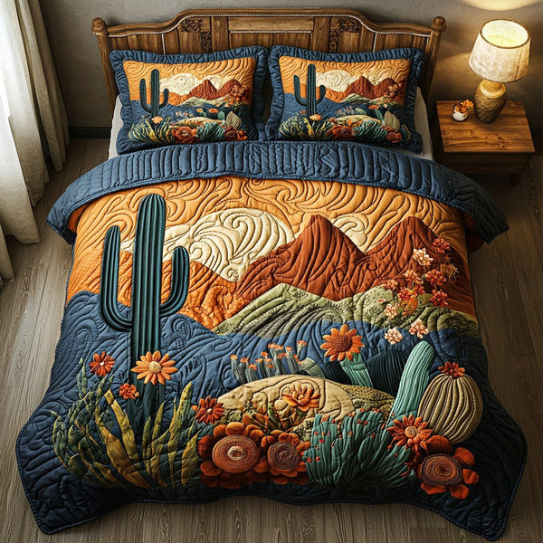 Desert Bloom quilted 3-piece bedding set on a made bed with two matching pillow shams