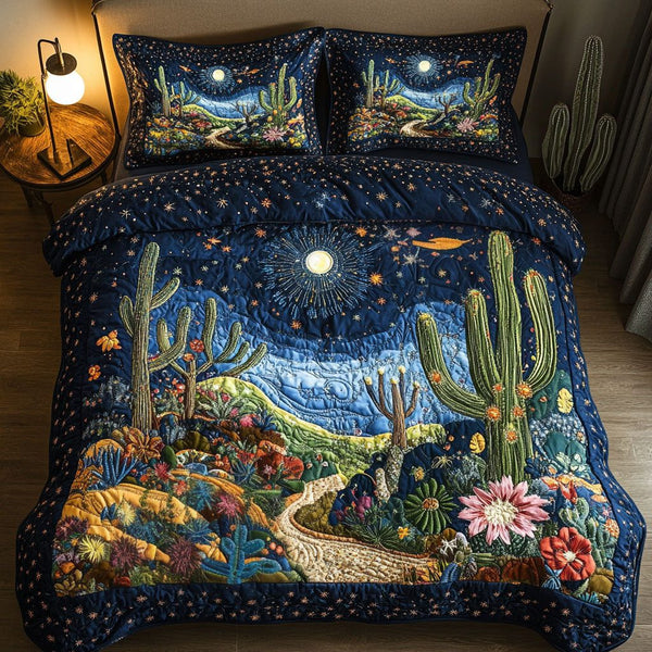 Desert Bloom quilted 3-piece bedding set on a made bed with two matching pillow shams