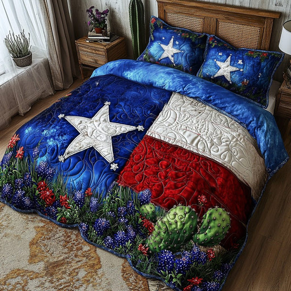 Desert Bloom quilted 3-piece bedding set on a made bed with two matching pillow shams