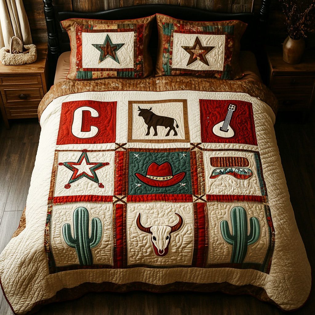 Desert Bloom quilted 3-piece bedding set on a made bed with two matching pillow shams