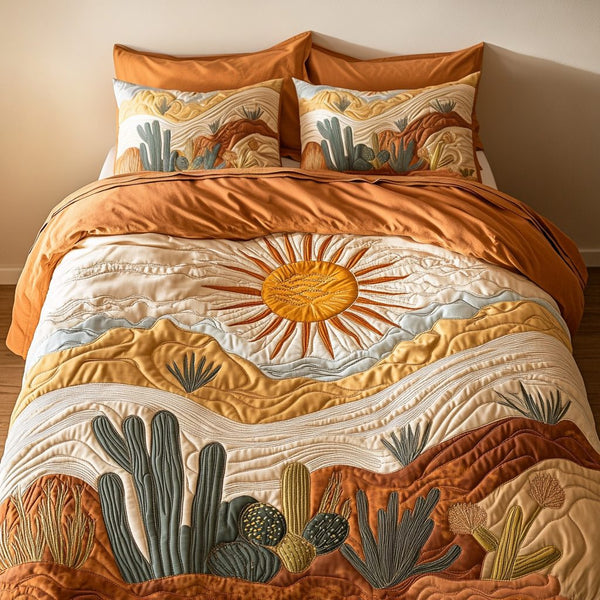 Desert Bloom quilted 3-piece bedding set on a made bed with two matching pillow shams