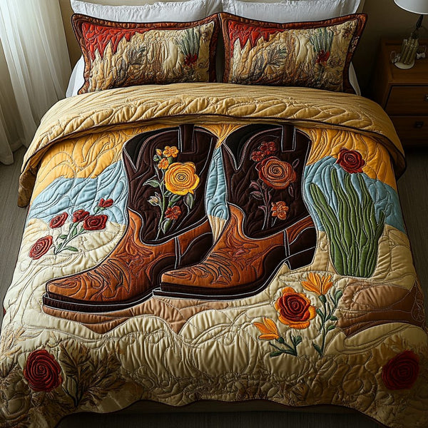 Desert Bloom quilted 3-piece bedding set on a made bed with two matching pillow shams