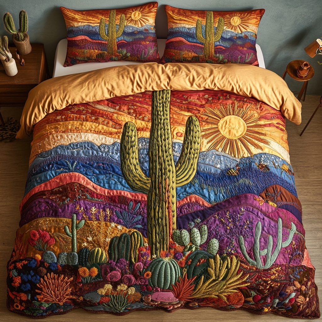 Desert Bloom quilted 3-piece bedding set on a made bed with two matching pillow shams